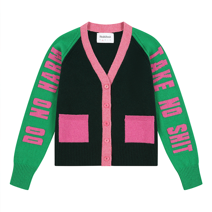 *PRE ORDER* Do No Harm Take No Shit Lambswool Cardigan in Kelly Green & Bubblegum