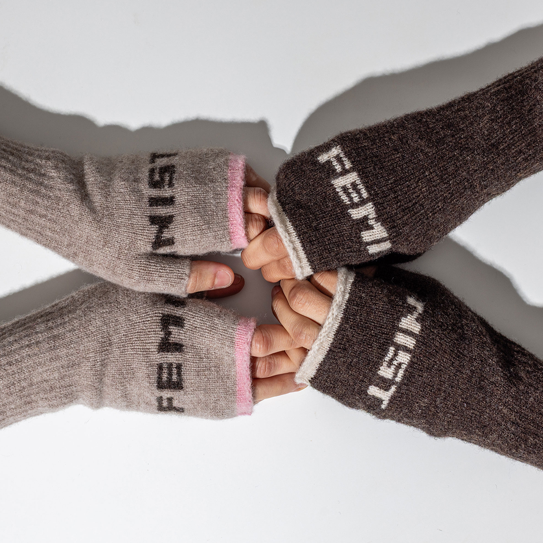 Feminist Fingerless Mittens in Mushroom & Cocoa