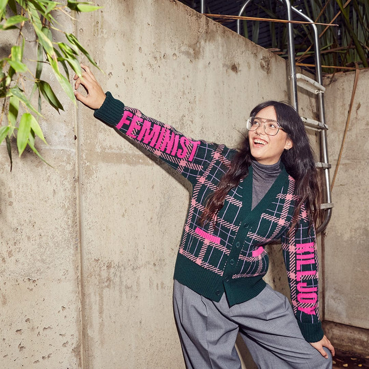 Feminist Killjoy Lambswool Cardigan in Forest Green & Neon Pink Cardigans Black & Beech