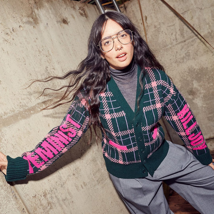 Feminist Killjoy Lambswool Cardigan in Forest Green & Neon Pink Cardigans Black & Beech