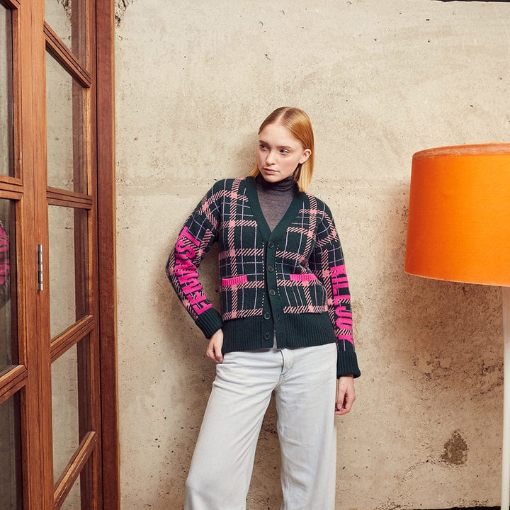 Feminist Killjoy Lambswool Cardigan in Forest Green & Neon Pink Cardigans Black & Beech