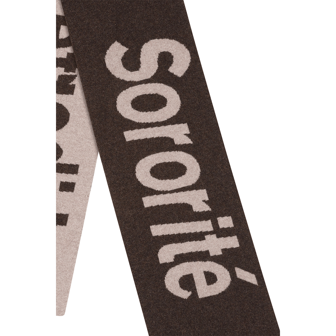 Liberté Egalité Sororité Lambswool Feminist Slogan Scarf in cocoa & Mushroom Scarves Black & Beech