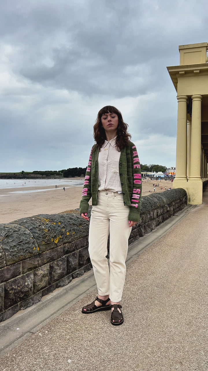 Do No Harm Take No Shit  Organic Cotton Cardigan in Olive Marl