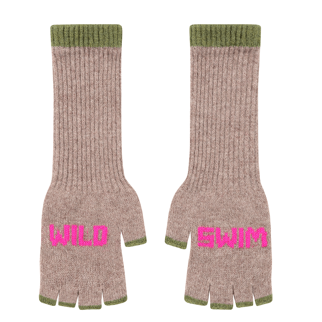 Wild Swim Fingerless Gloves in Mushroom & Neon Pink Gloves & Mittens Black & Beech