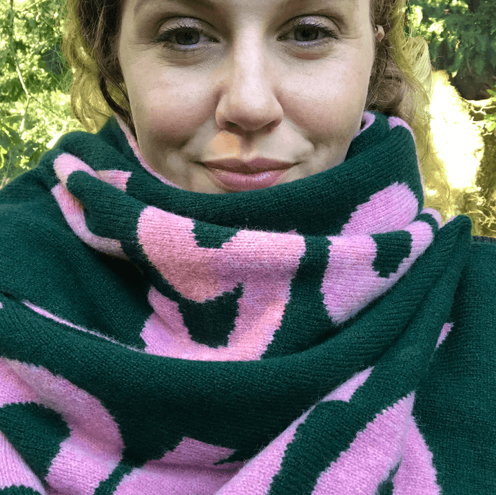 Liberté Egalité Sororité Lambswool Feminist Slogan Scarf Forest Green & French Rose Black & Beech