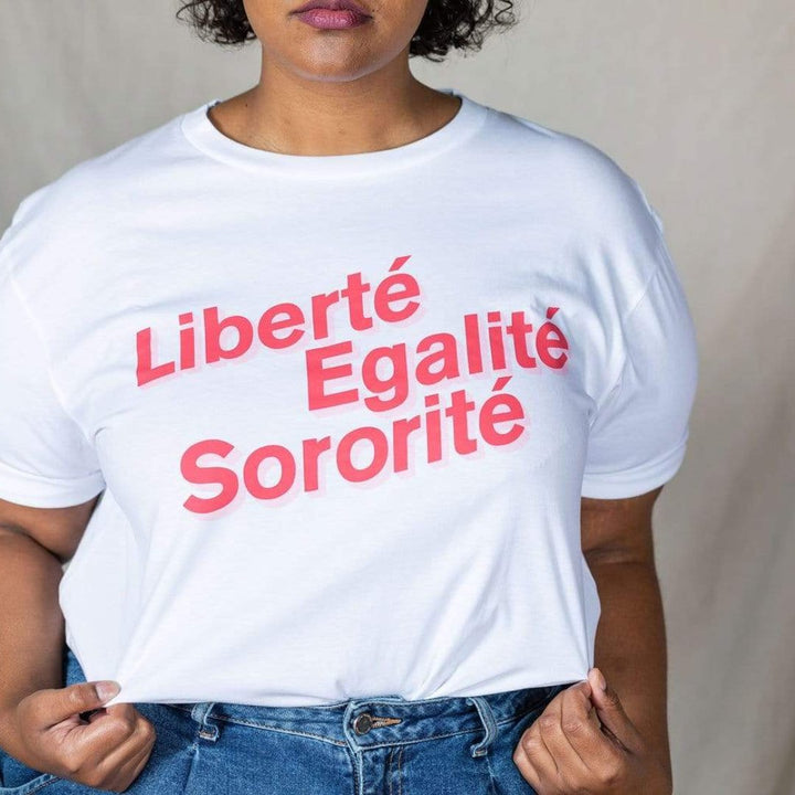 Liberté, Egalité, Sororité White Organic Cotton T-Shirt Black & Beech