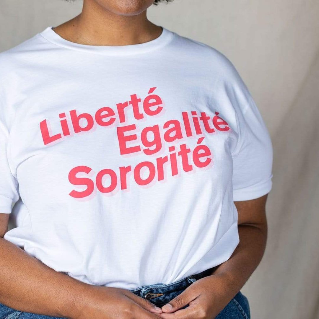 Liberté, Egalité, Sororité White Organic Cotton T-Shirt Black & Beech