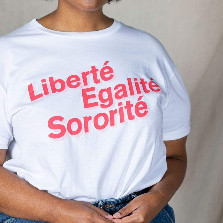 Liberté, Egalité, Sororité White Organic Cotton T-Shirt Black & Beech