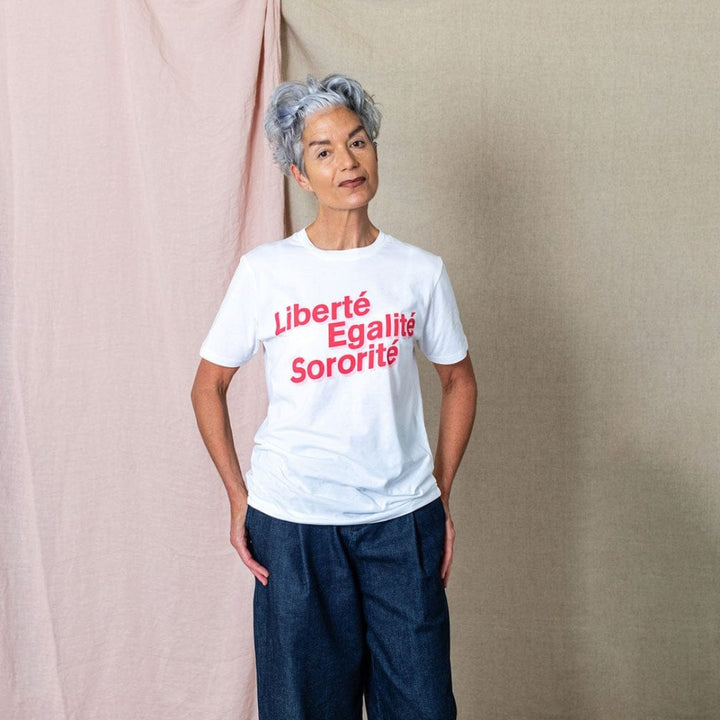 Liberté, Egalité, Sororité White Organic Cotton T-Shirt Black & Beech