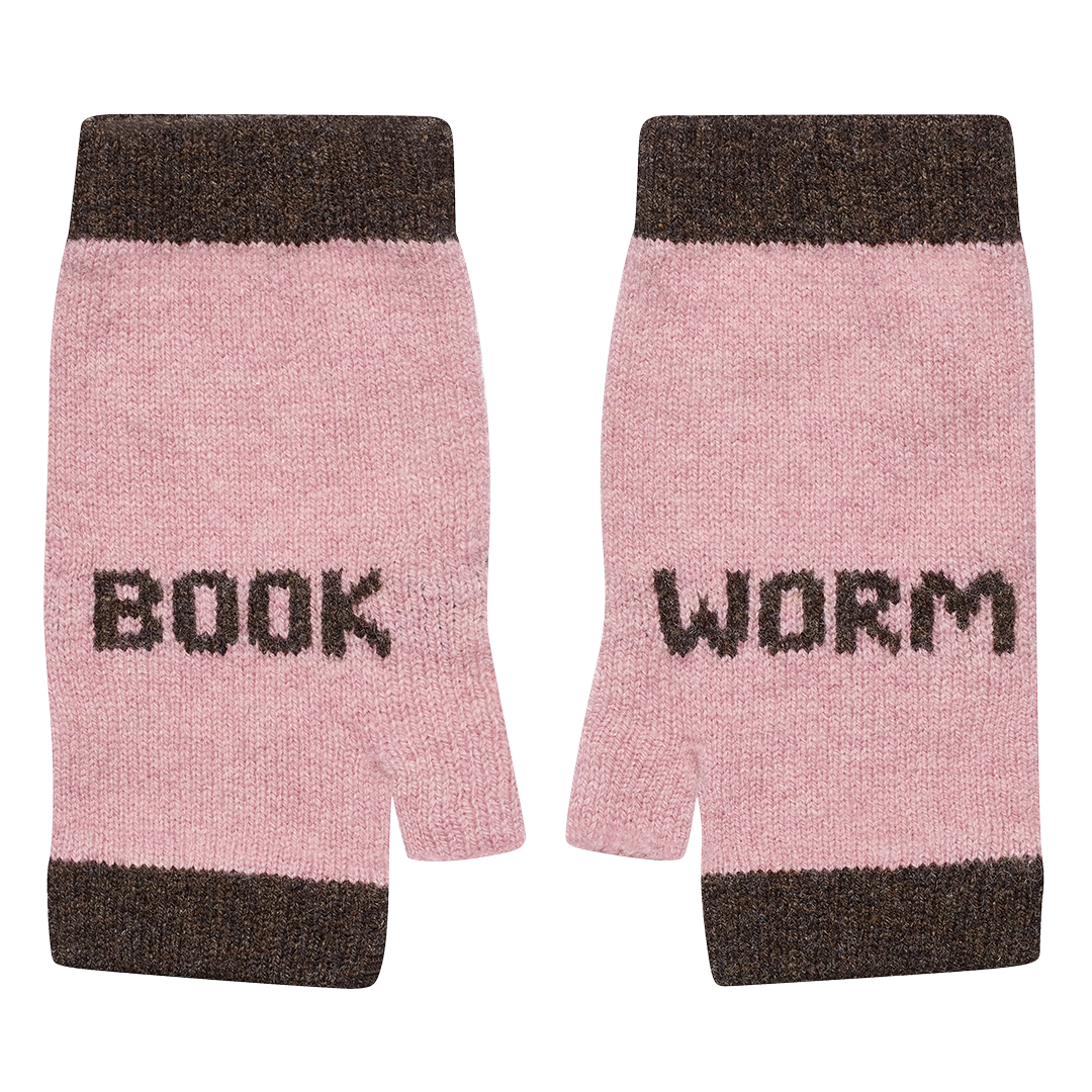 Pair of pink fingerless gloves with 'BOOK' and 'WORM' text on a white background