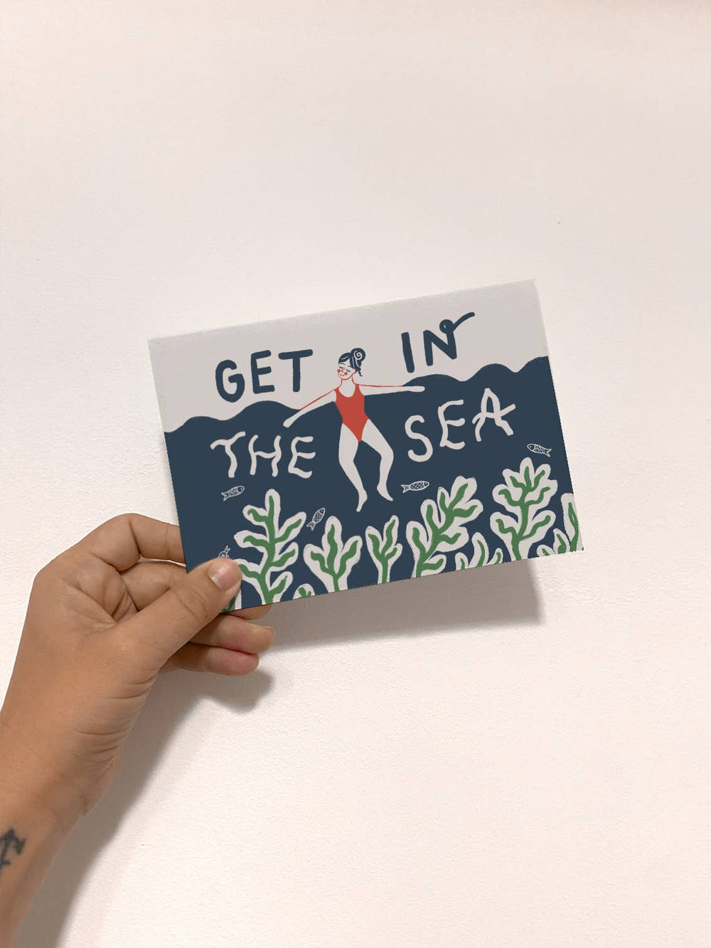 Get In The Sea - Illustrated Swimmer Card - Blank Card - Black & Beech