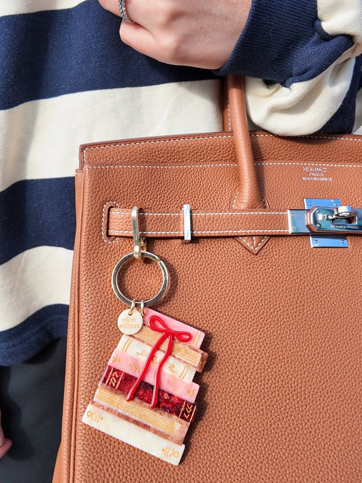 PRE ORDER Hand - painted Bow Bookstack Bag Charm + Keychain - Black & Beech