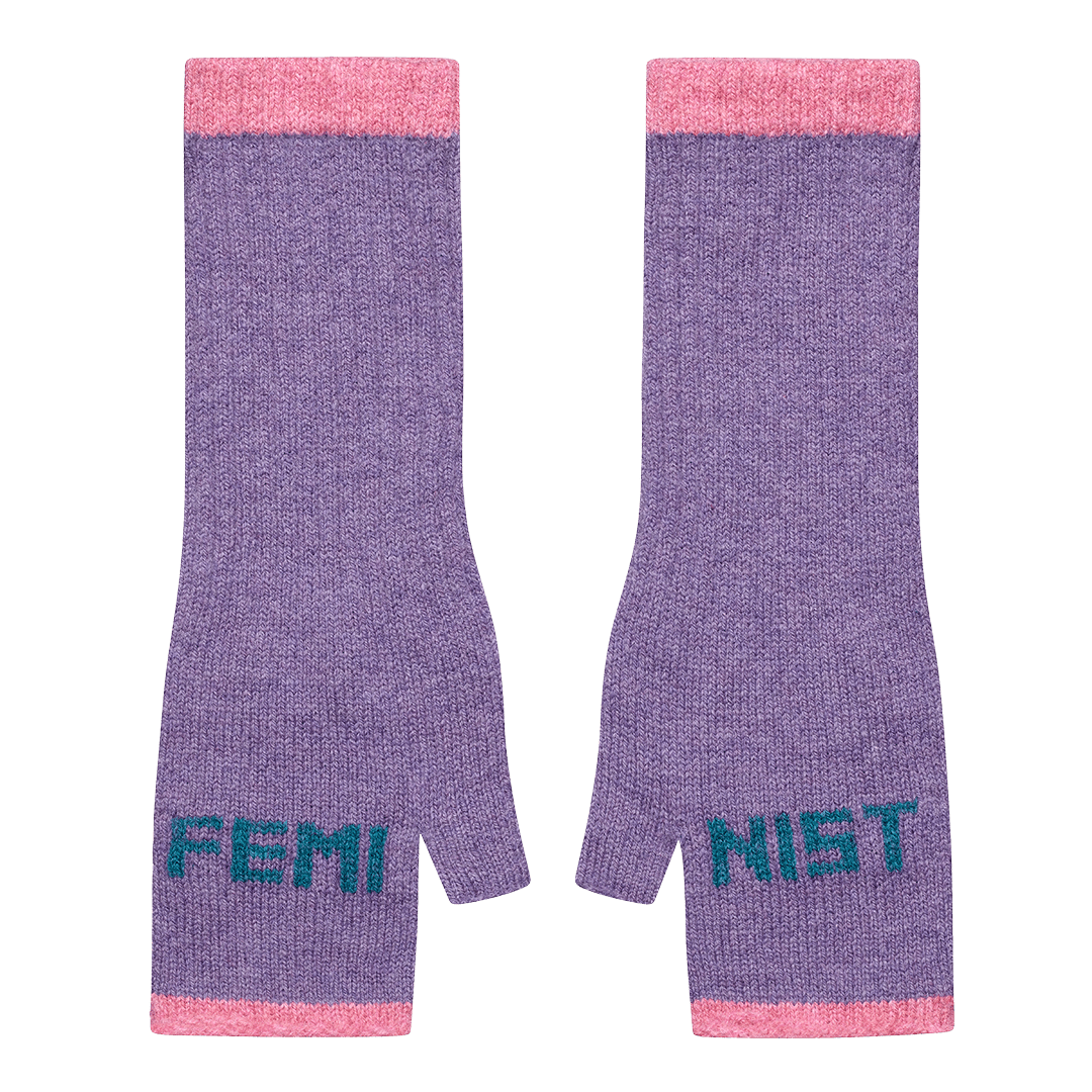 Feminist Fingerless Mittens in Violet & Teal - Black & Beech