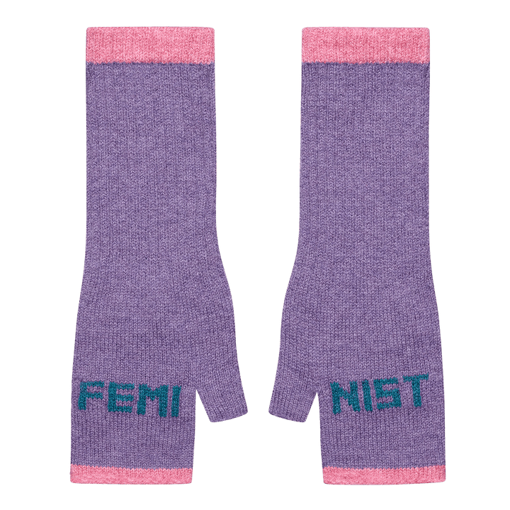 Feminist Fingerless Mittens in Violet &amp; Teal - Black &amp; Beech