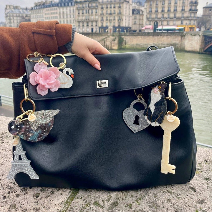 Hand-painted Tuxedo Cat Bag Charm + Keychain | Eco-Friendly - Black &amp; Beech