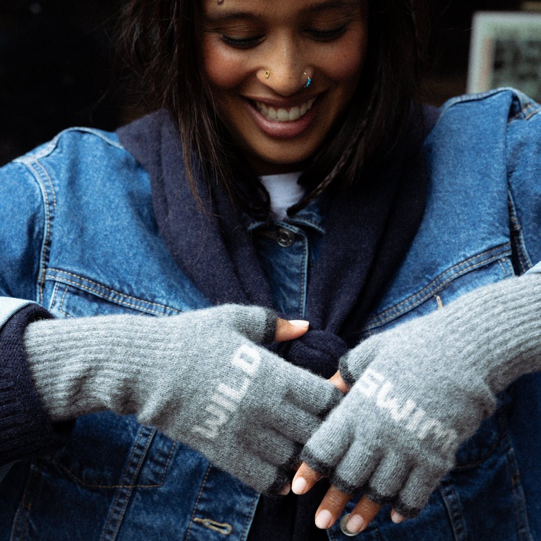 Pre-Order - Wild Swim Fingerless Gloves in Grey &amp; Cloud - Black &amp; Beech