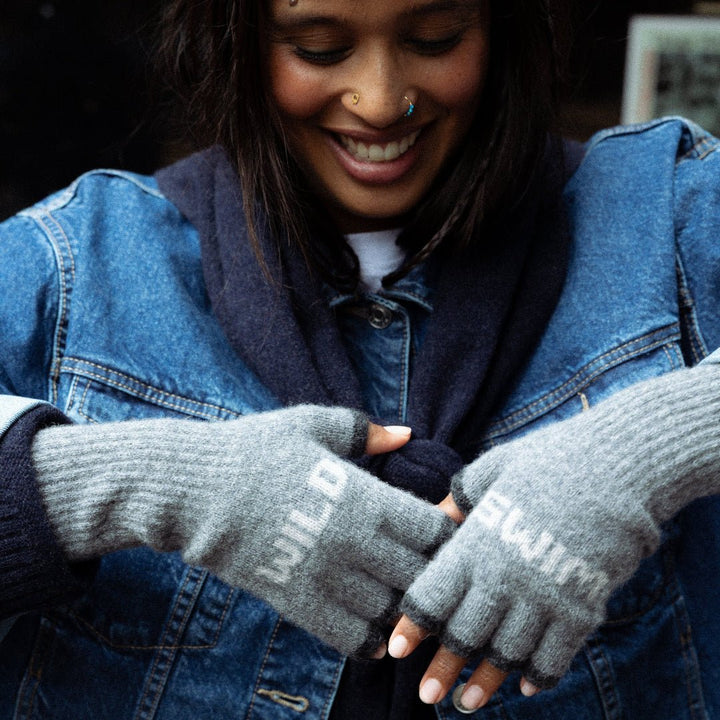 Pre-Order - Wild Swim Fingerless Gloves in Grey &amp; Cloud - Black &amp; Beech