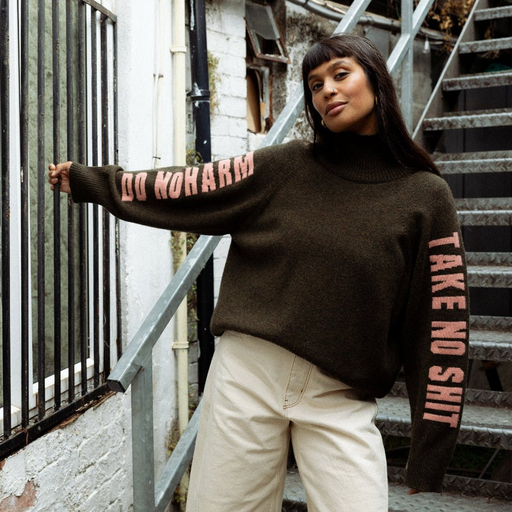 Pre-Order - Do No Harm Take No Shit Merino Funnel Jumper in Kelp & Pink - Black & BeechXS