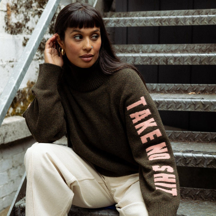 Pre-Order - Do No Harm Take No Shit Merino Funnel Jumper in Kelp &amp; Pink - Black &amp; BeechXS