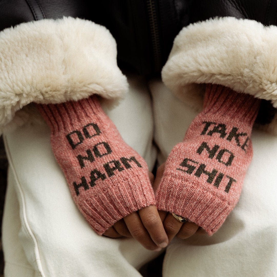 Do No Harm Take No Shit Wrist Warmers in Cloudberry &amp; Chaffinch - Black &amp; Beech