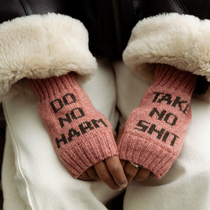 Do No Harm Take No Shit Wrist Warmers in Cloudberry &amp; Chaffinch - Black &amp; Beech