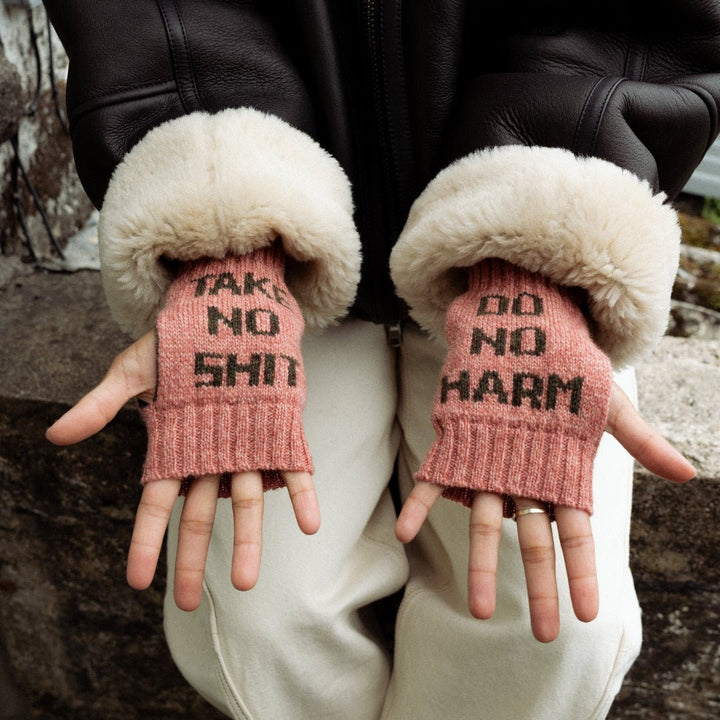 Do No Harm Take No Shit Wrist Warmers in Cloudberry &amp; Chaffinch - Black &amp; Beech