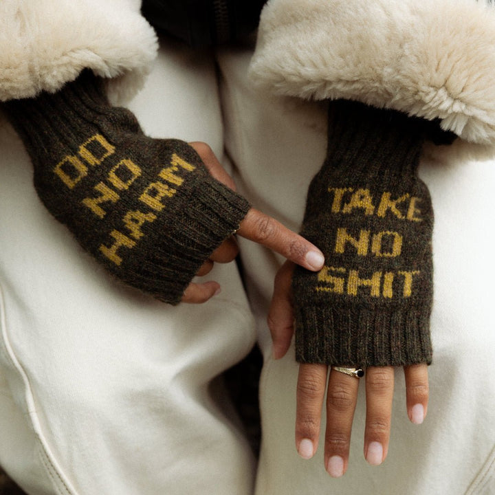 Do No Harm Take No Shit Wrist Warmers in Kelp - Black &amp; Beech