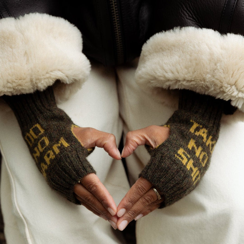 Do No Harm Take No Shit Wrist Warmers in Kelp - Black & Beech