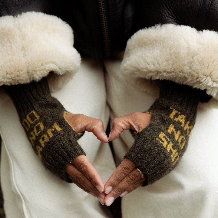Do No Harm Take No Shit Wrist Warmers in Kelp - Black &amp; Beech