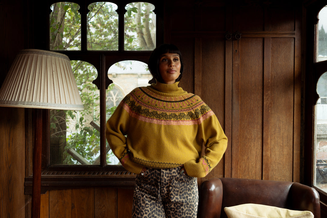 Fairisle Fiadh Funnel Neck Jumper in Gorse
