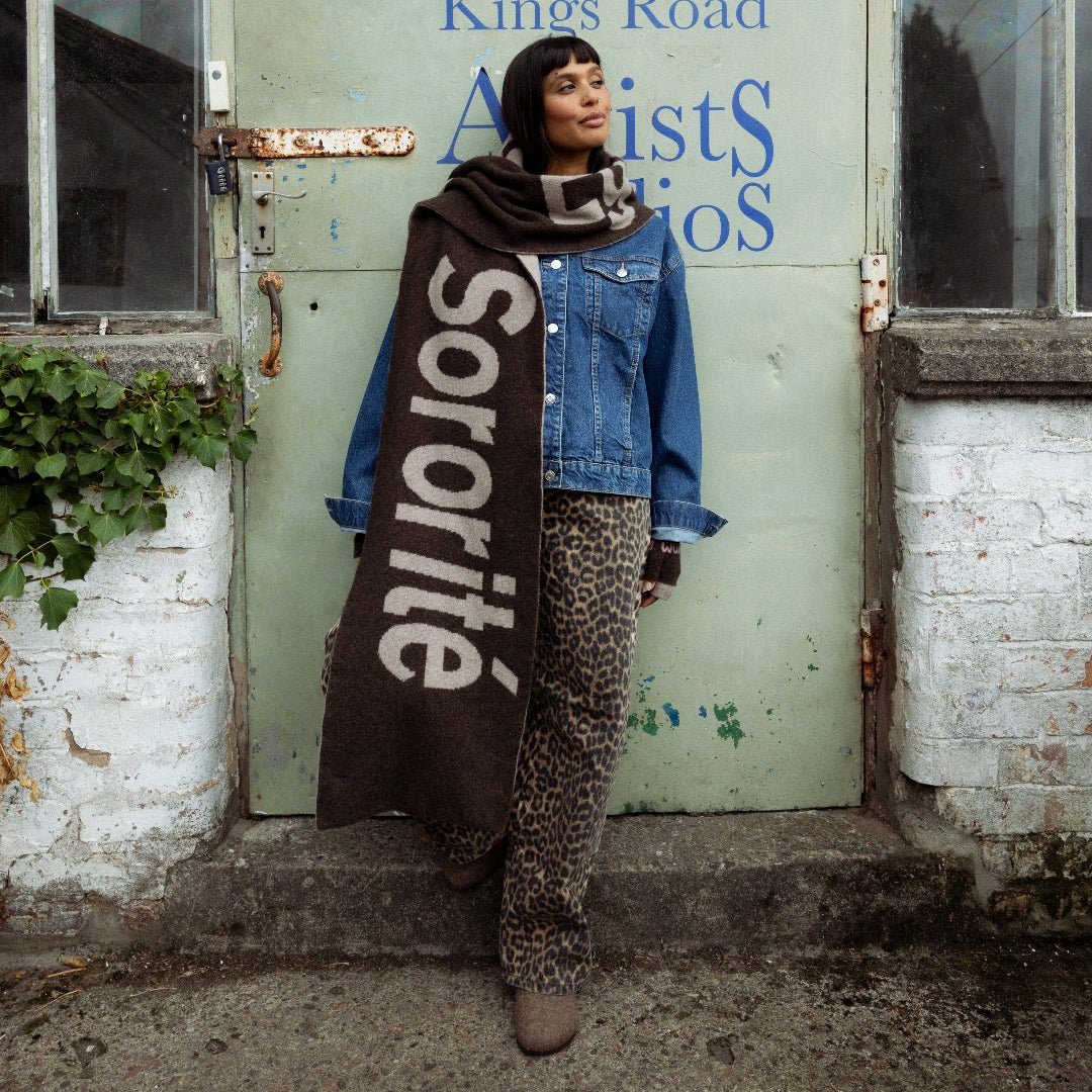 Pre-Order - Liberté Egalité Sororité Lambswool Slogan Scarf in Cocoa & Mushroom - Black & Beech