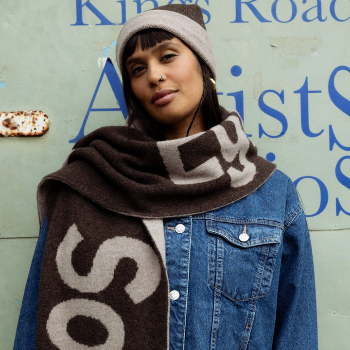 Pre-Order - Liberté Egalité Sororité Lambswool Slogan Scarf in Cocoa &amp; Mushroom - Black &amp; Beech