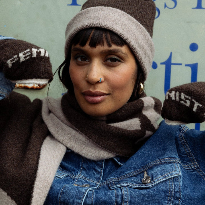 Pre-Order - Colour Block Beanie in Cocoa &amp; Mushroom - Black &amp; Beech