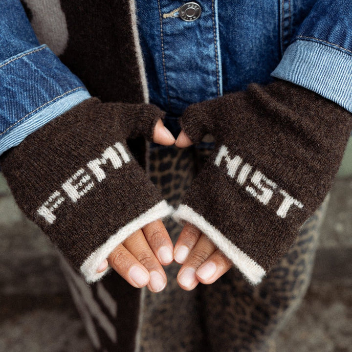 Feminist Fingerless Mittens in Cocoa &amp; Linen - Black &amp; Beech