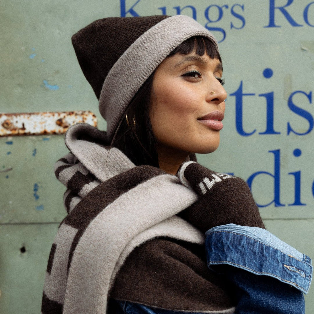 Pre-Order - Liberté Egalité Sororité Lambswool Slogan Scarf in Cocoa & Mushroom - Black & Beech