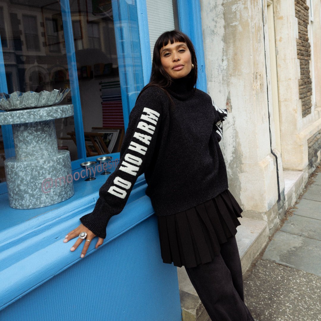 Pre-Order - Do No Harm Take No Shit Merino Funnel Jumper in Anthracite - Black & BeechXS