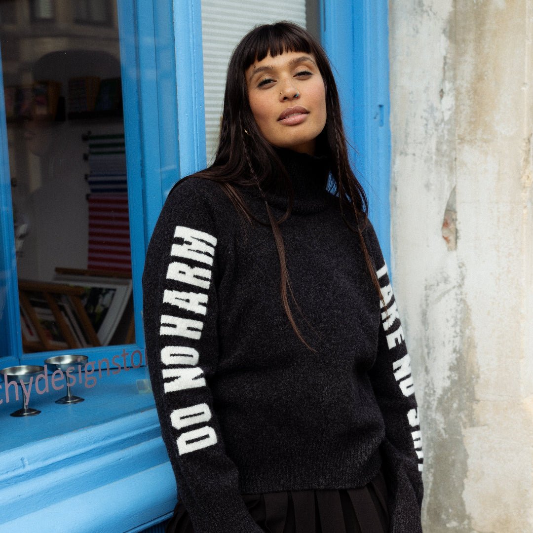 Pre-Order - Do No Harm Take No Shit Merino Funnel Jumper in Anthracite - Black &amp; BeechXS