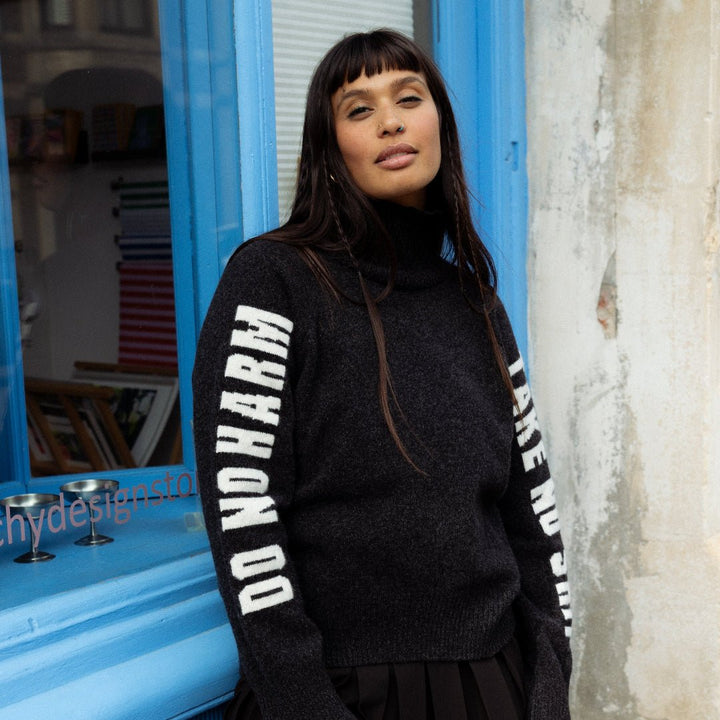 Pre-Order - Do No Harm Take No Shit Merino Funnel Jumper in Anthracite - Black &amp; BeechXS