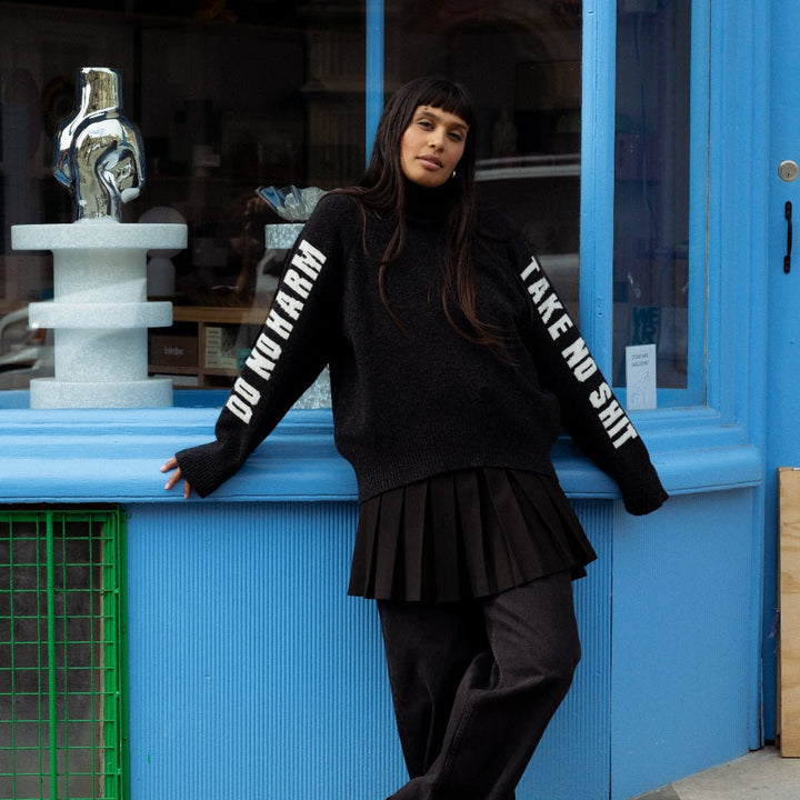 Pre-Order - Do No Harm Take No Shit Merino Funnel Jumper in Anthracite - Black &amp; BeechXS