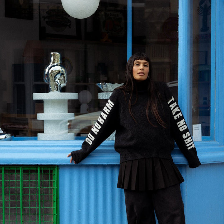Pre-Order - Do No Harm Take No Shit Merino Funnel Jumper in Anthracite - Black &amp; BeechXS