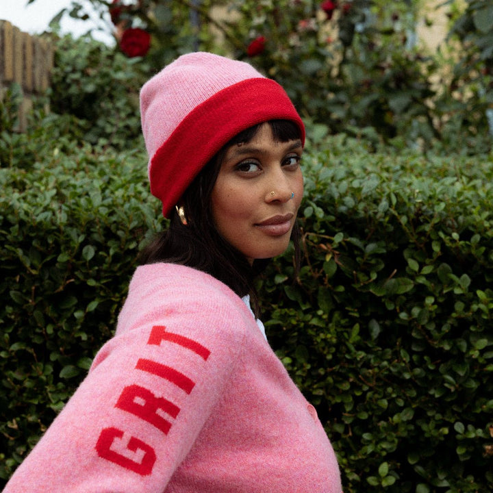 Pre-Order - Colour Block Beanie in French Rose &amp; Rouge - Black &amp; Beech