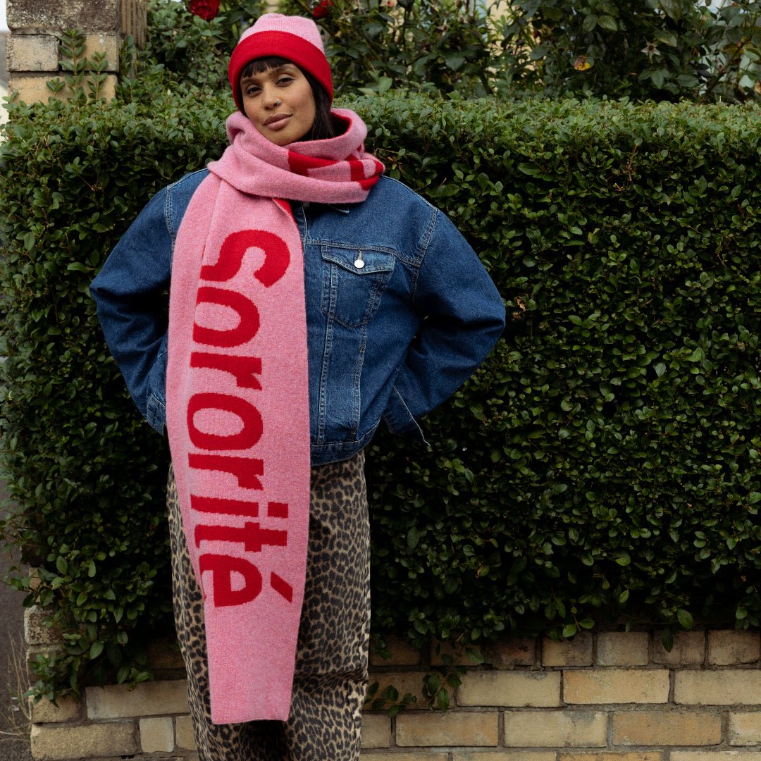 Pre-Order - Liberté Egalité Sororité Lambswool Slogan Scarf in French Rose &amp; Rouge - Black &amp; Beech
