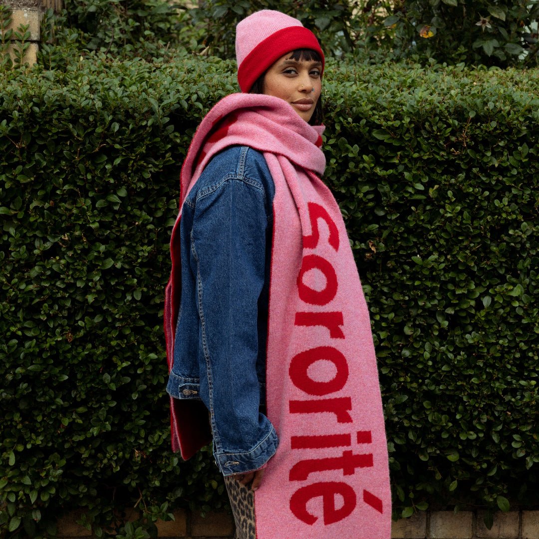Pre-Order - Liberté Egalité Sororité Lambswool Slogan Scarf in French Rose &amp; Rouge - Black &amp; Beech