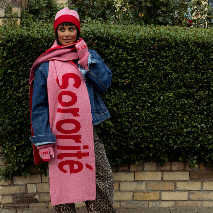Pre-Order - Liberté Egalité Sororité Lambswool Slogan Scarf in French Rose &amp; Rouge - Black &amp; Beech
