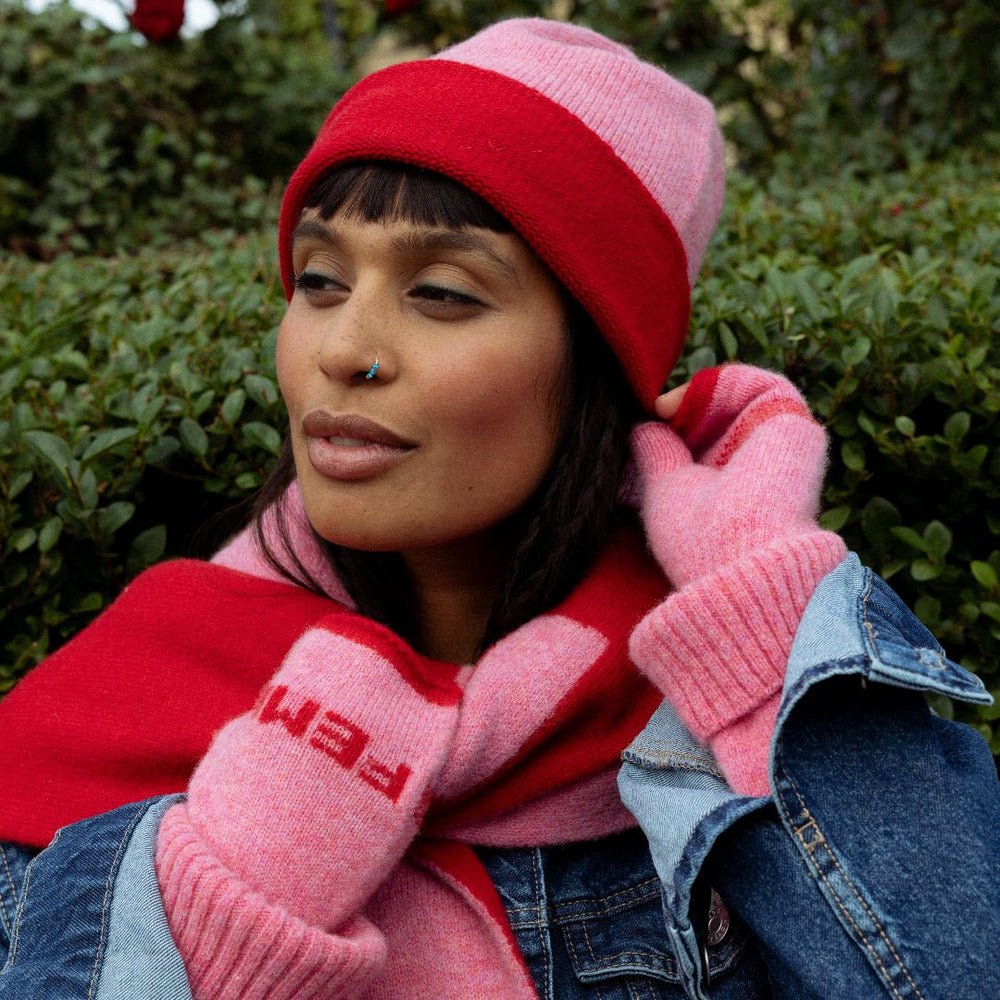 Pre-Order - Colour Block Beanie in French Rose & Rouge - Black & Beech