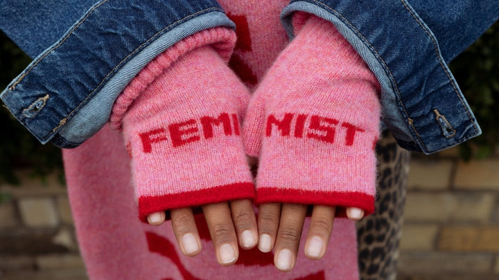 Pre-Order - Feminist Fingerless Mittens in French Rose &amp; Rouge - Black &amp; Beech