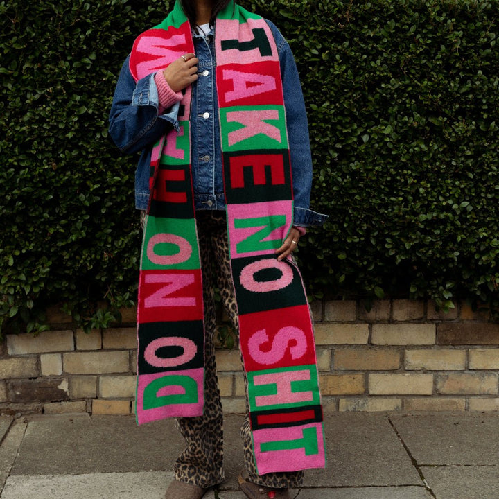 Do No Harm Take No Shit Scarf in Kelly Green &amp; Bubblegum - Black &amp; Beech