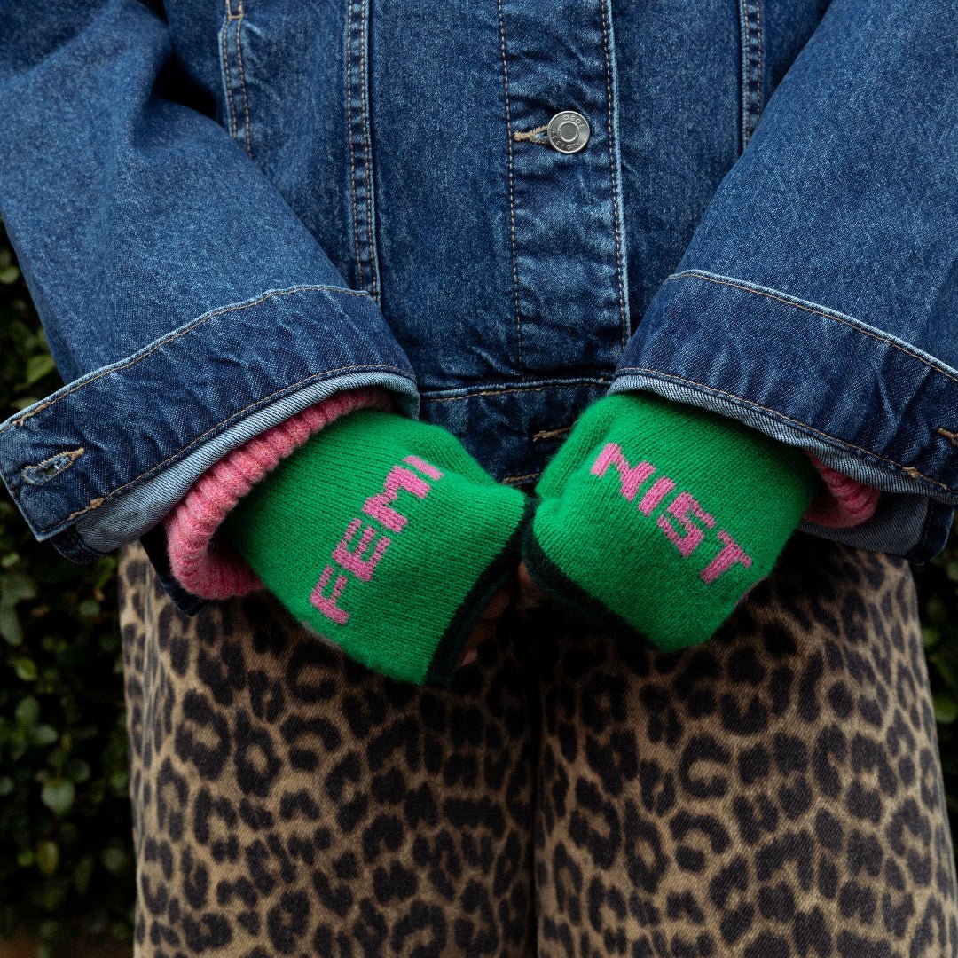 Feminist Fingerless Mittens in Kelly Green &amp; Bubblegum - Black &amp; Beech