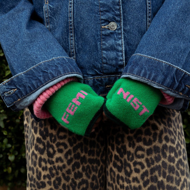 Feminist Fingerless Mittens in Kelly Green &amp; Bubblegum - Black &amp; Beech