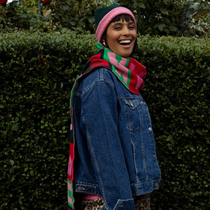 Pre-Order - Colour Block Beanie in Forest Green &amp; French Rose - Black &amp; Beech